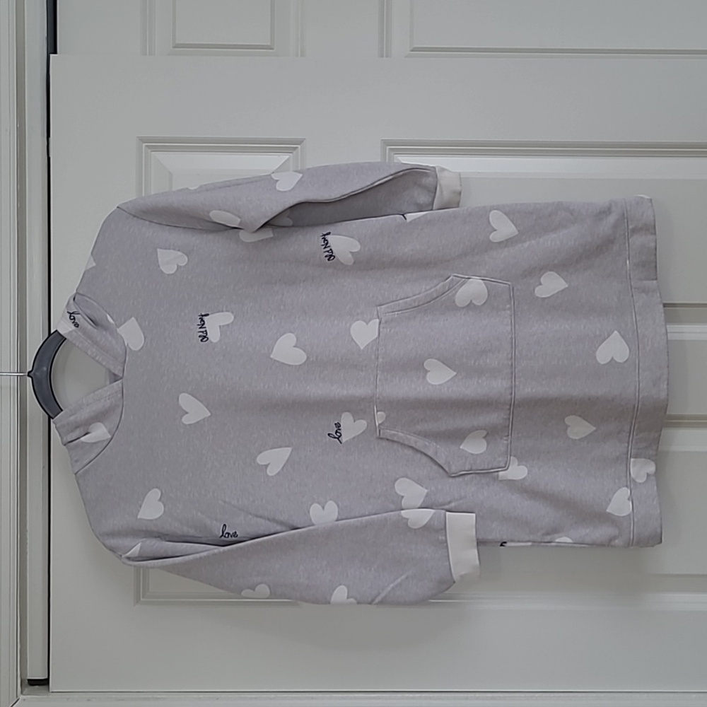 Old Navy Grey & White Heart Print Hooded Fleece Tunic Dress - Size L (10-12)